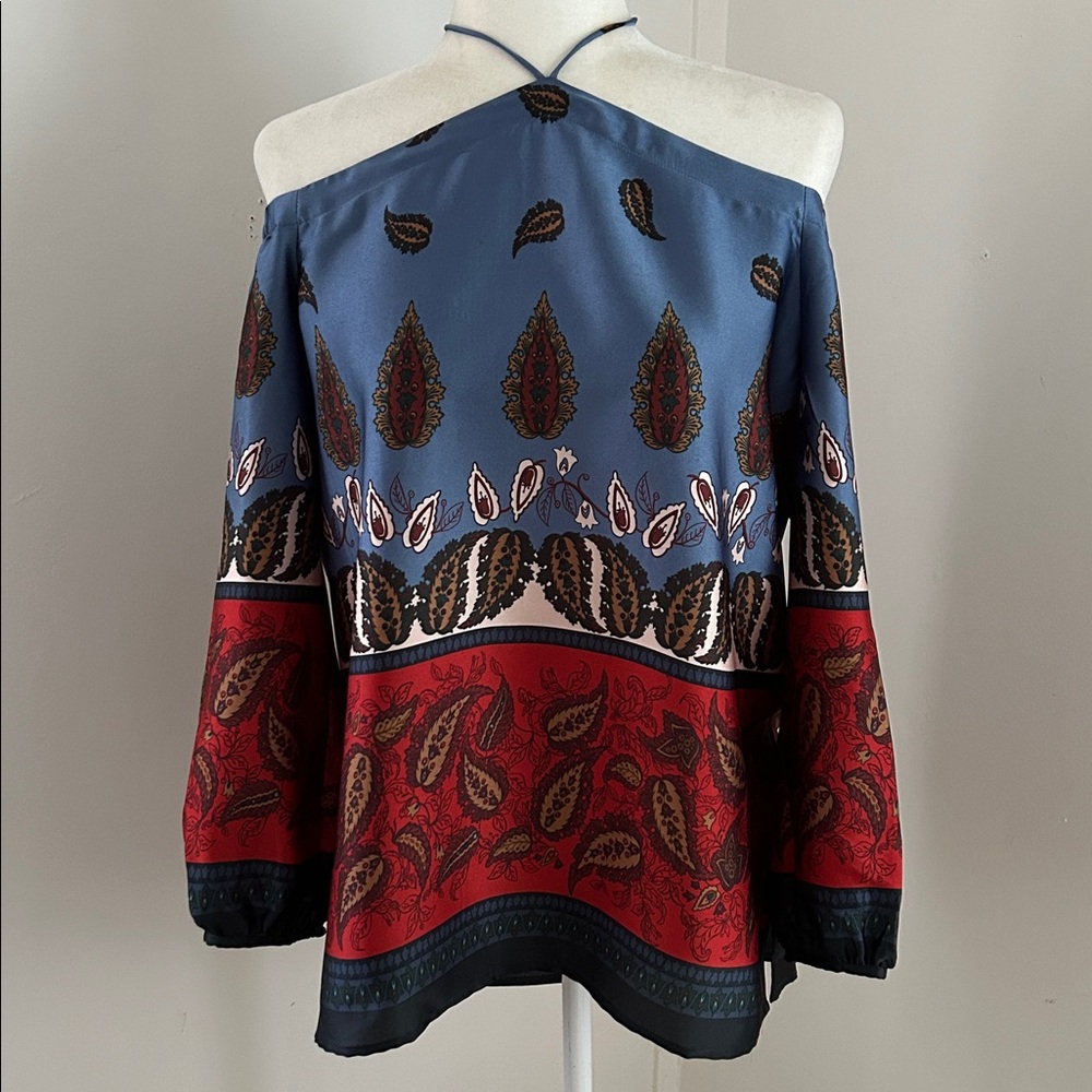 LOFT Blue/Red/Brown Leaf Patterned Off-Shoulder Blouse sz S